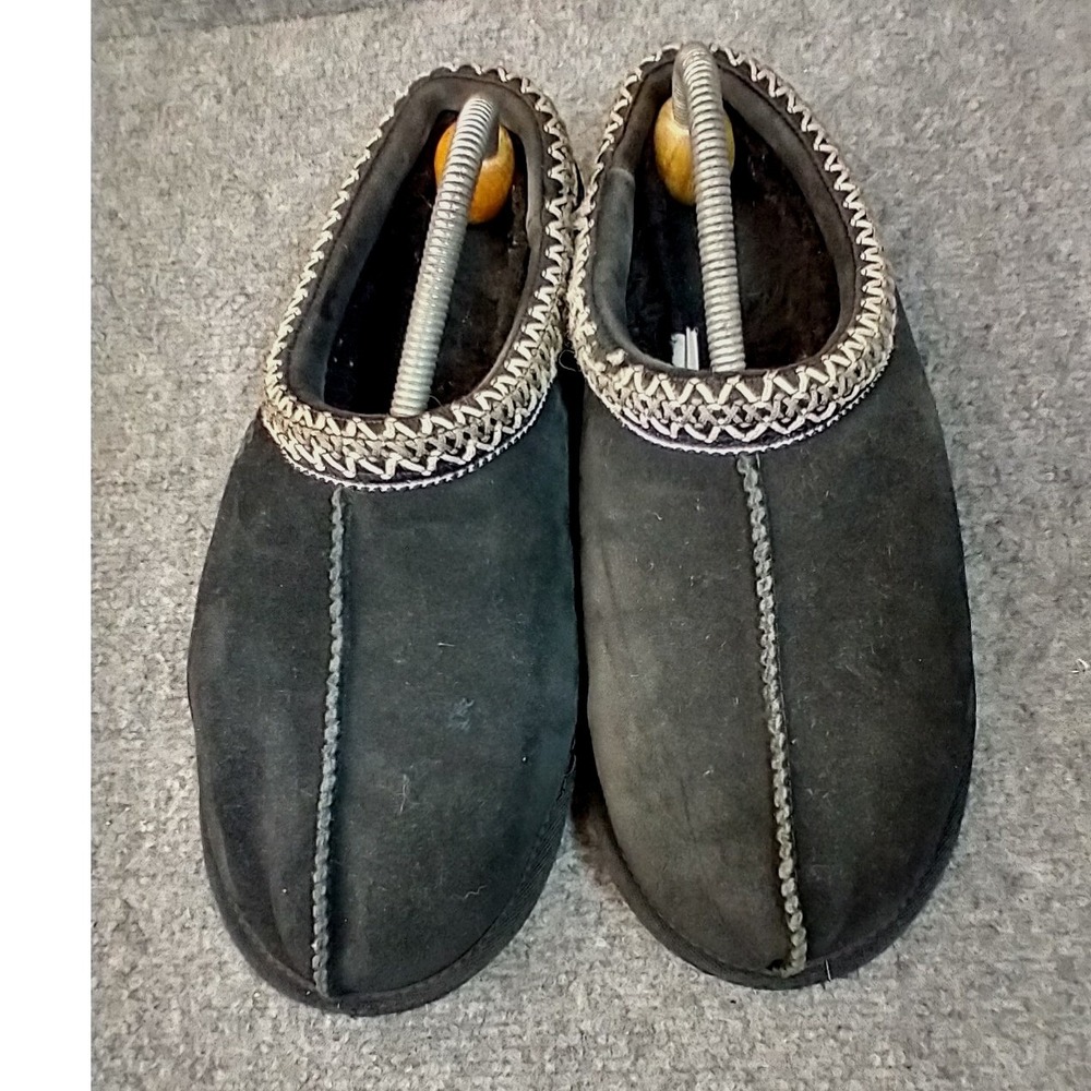 UGG Tasman Slipper Women Size 10 Black Suede Shearling Lined Embroidered Braid - Picture 2 of 12